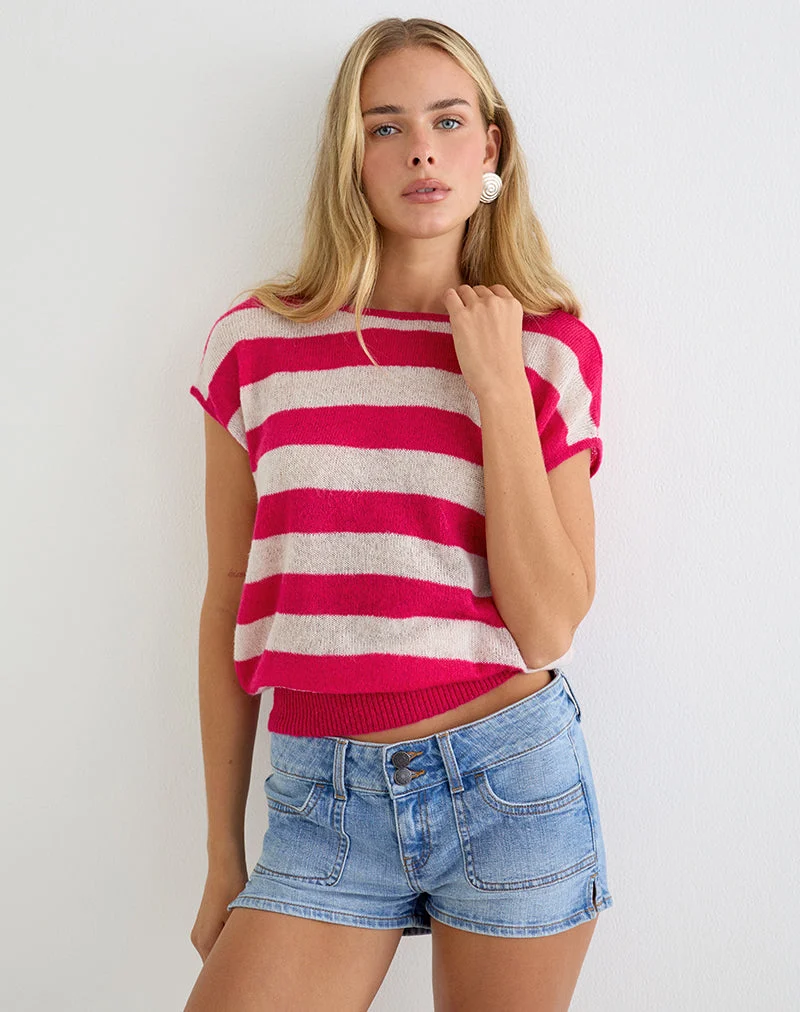 Haut Sinda à dos échancré, en maille à larges rayures, couleur framboise et beige