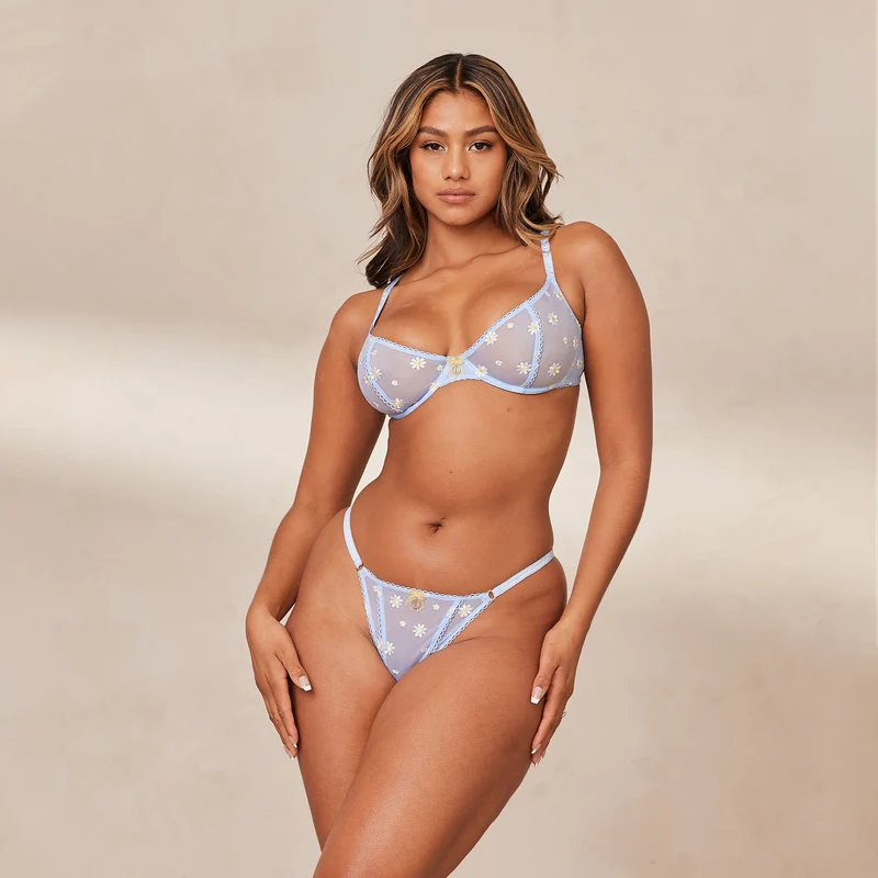 Sheer Floral Balcony Soutien-Gorge - Bleu