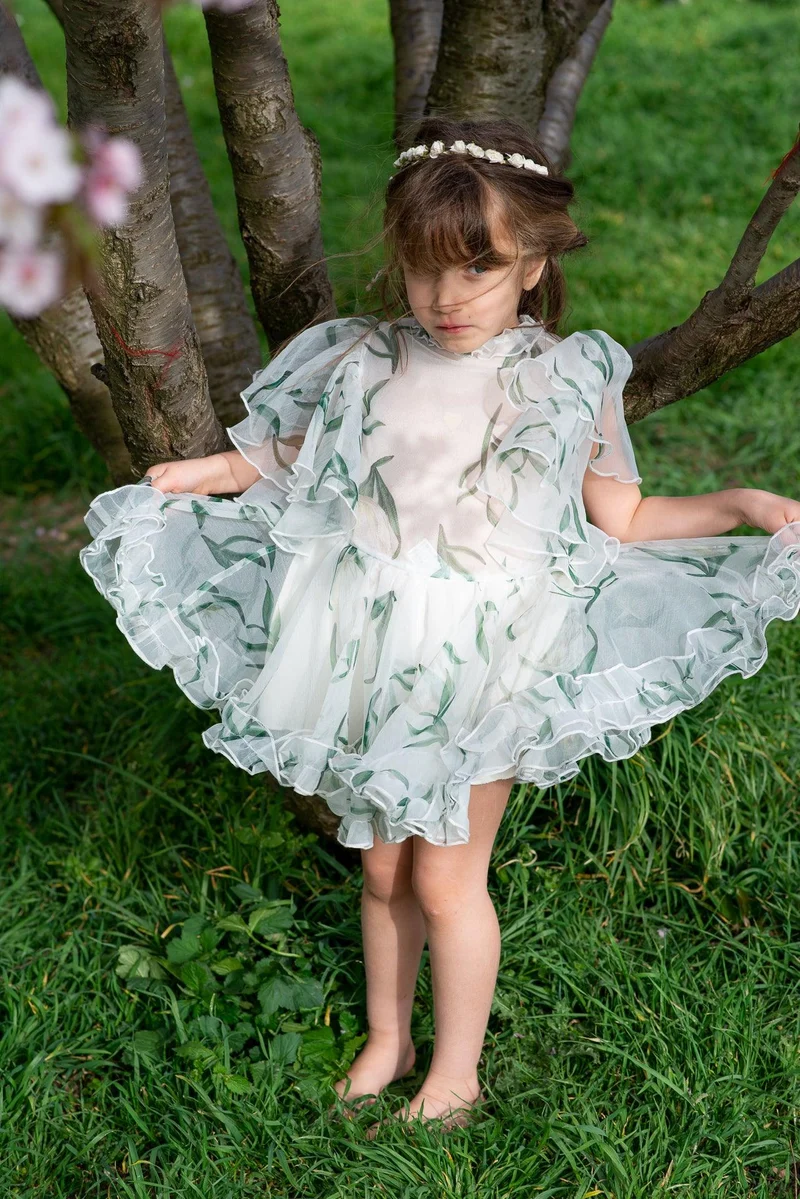 Robe mousseline de soie imprimé fleurs vertes - Modèle petite fille