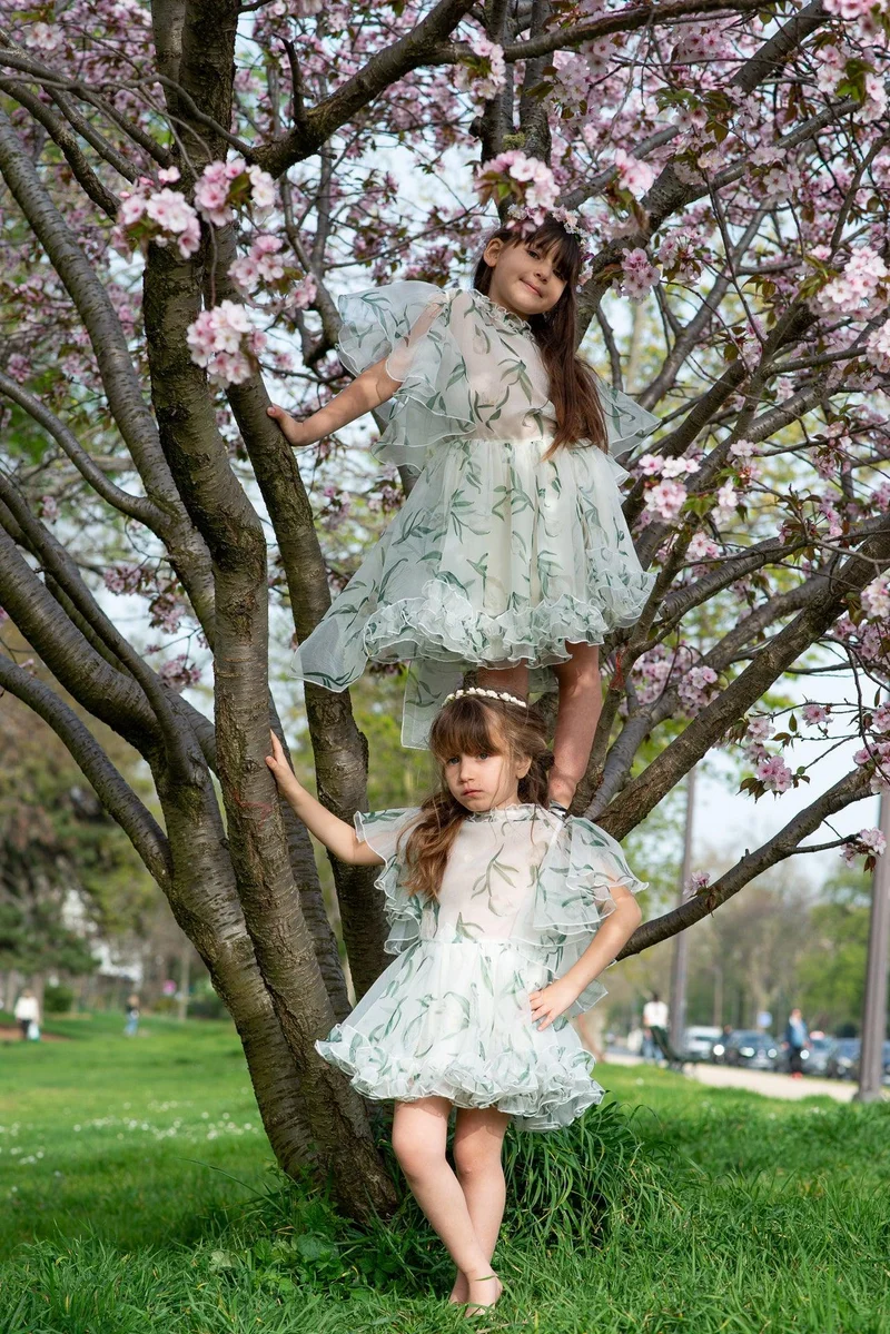 Robe mousseline de soie imprimé fleurs vertes - Modèle petite fille