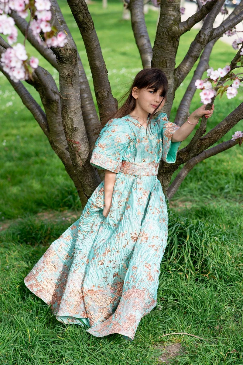 Robe jacquard de soie verte - Modèle petite fille