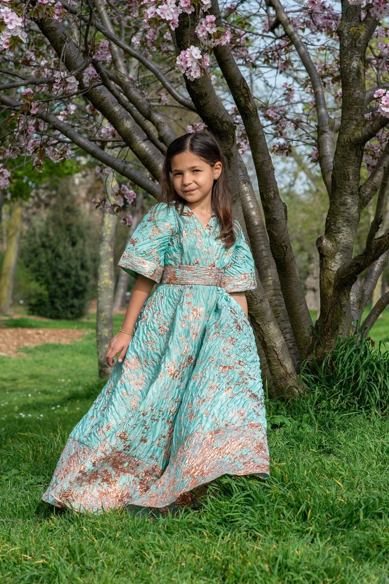 Robe jacquard de soie verte - Modèle petite fille