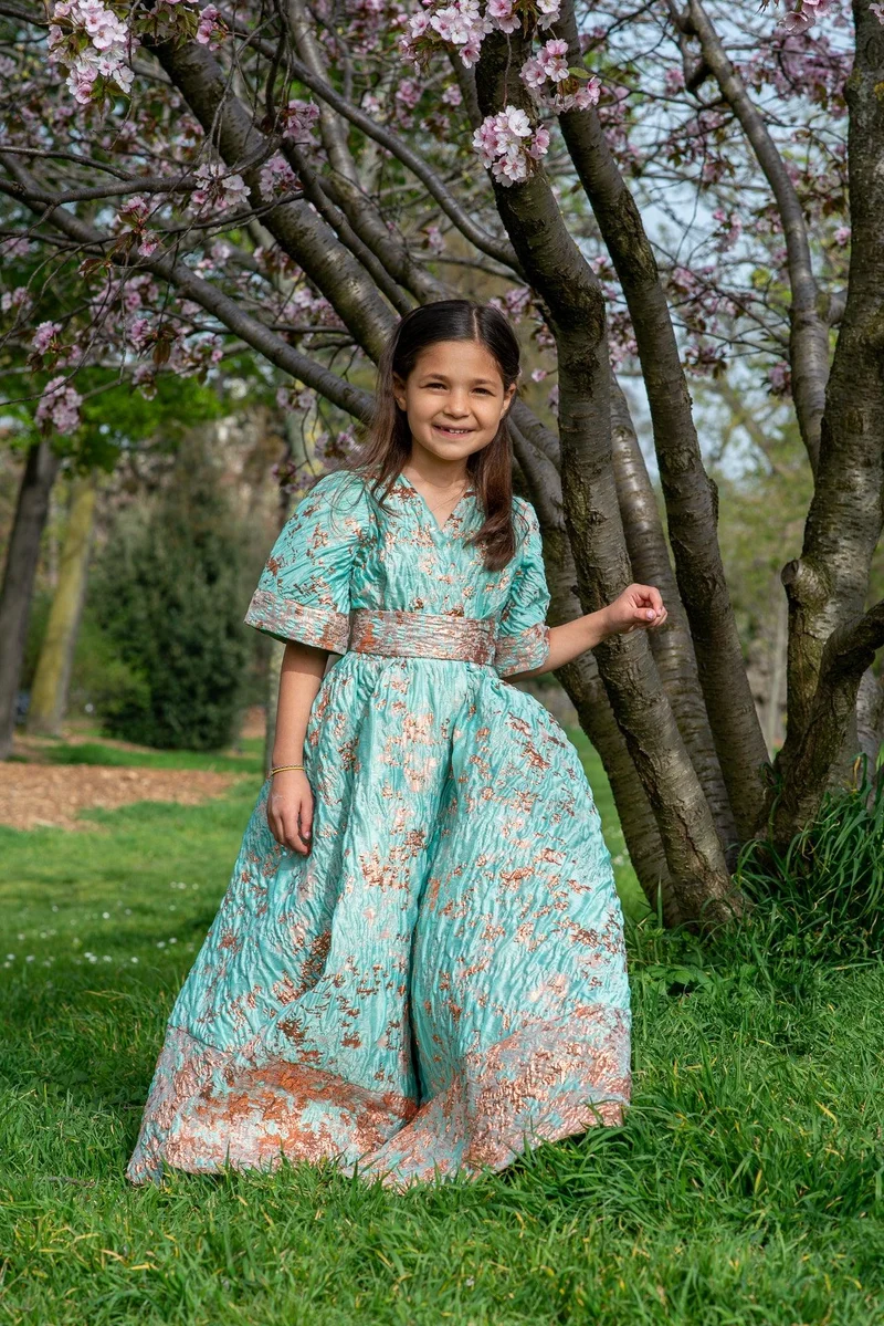 Robe jacquard de soie verte - Modèle petite fille