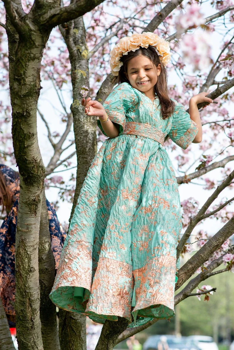 Robe jacquard de soie verte - Modèle petite fille