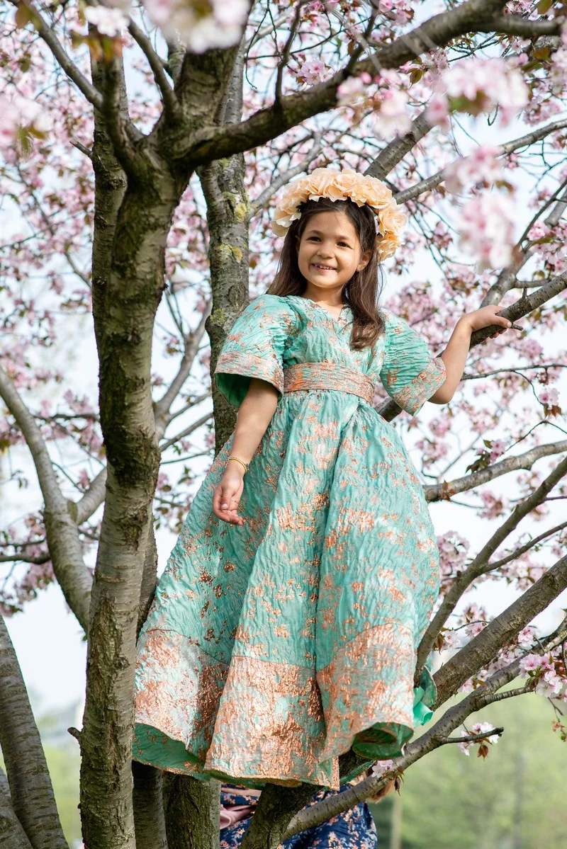 Robe jacquard de soie verte - Modèle petite fille