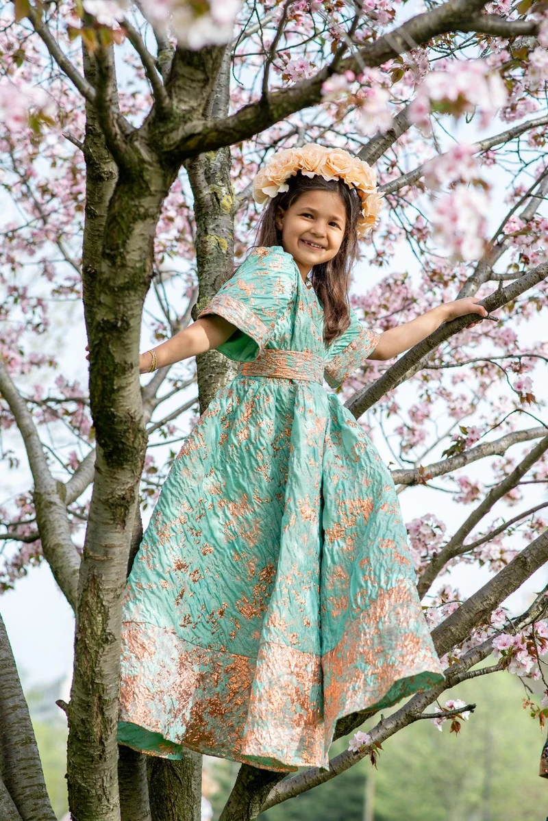 Robe jacquard de soie verte - Modèle petite fille