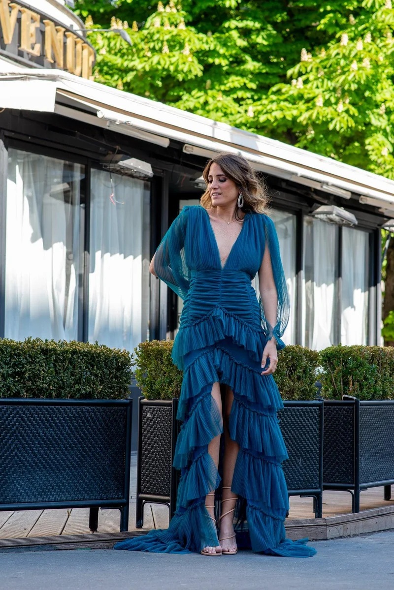 Robe plissée bleue émeraude
