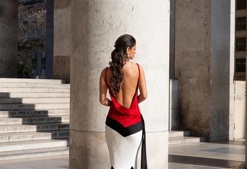 Robe longue du soir dos nu tricolore