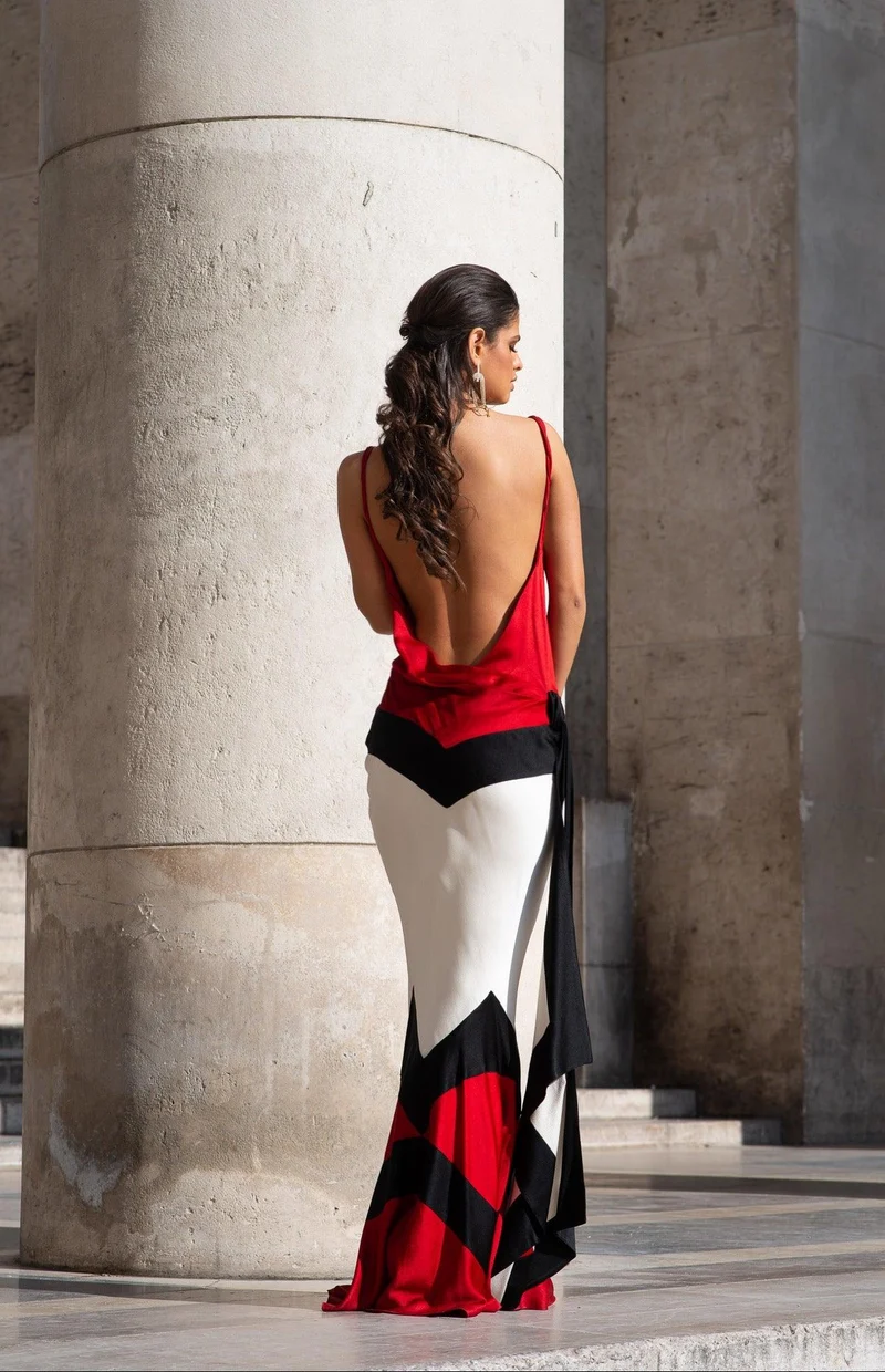 Robe longue du soir dos nu tricolore