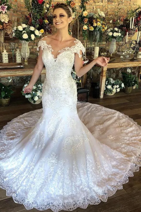 Charmante robe de mariée sirène longue à col en cœur avec manches courtes et dentelle