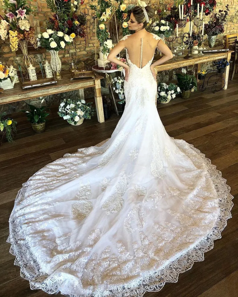 Charmante robe de mariée sirène longue à col en cœur avec manches courtes et dentelle
