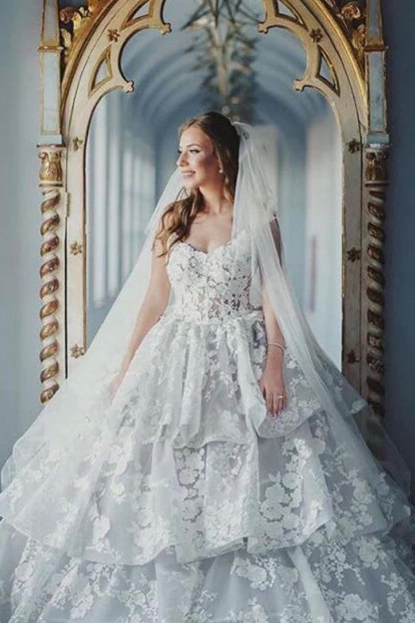 Robe de mariée élégante à col en cœur, avec appliques en tulle et dentelle, longue robe de soirée