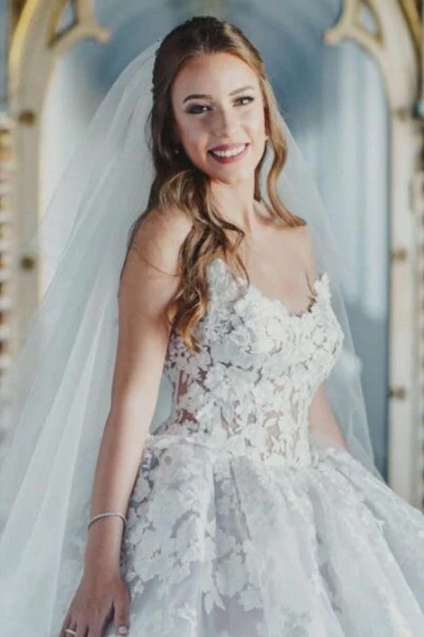 Robe de mariée élégante à col en cœur, avec appliques en tulle et dentelle, longue robe de soirée