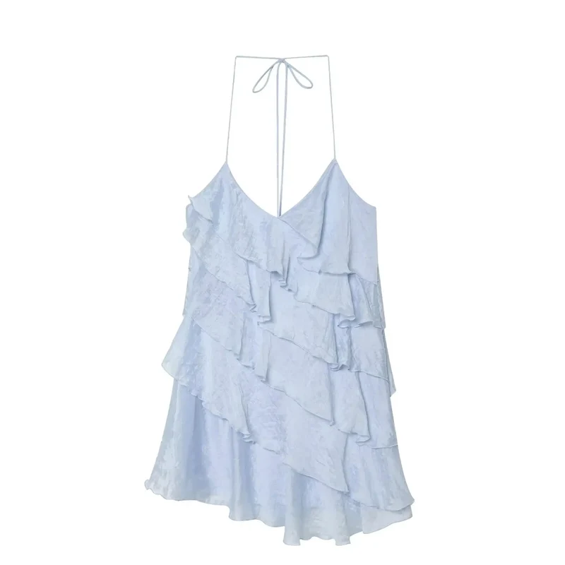 Robe à volants dos nu bleue