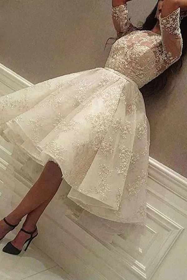 Robe de mariée courte et élégante, coupe trapèze, avec col bijou, manches, tulle et dentelle