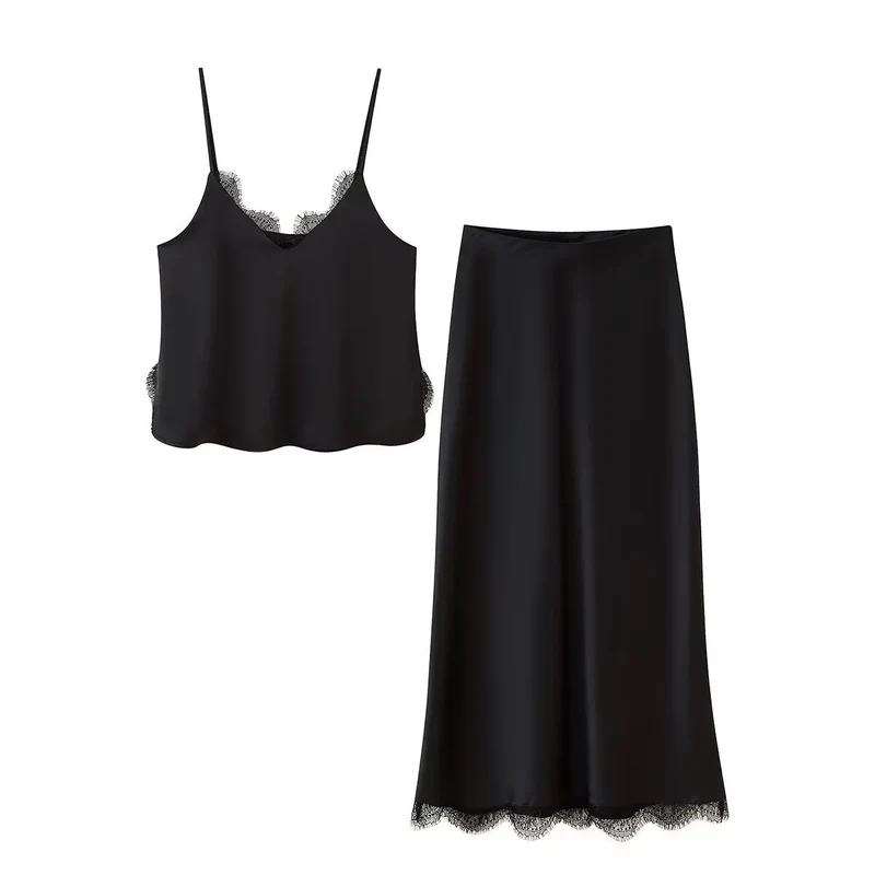 Ensemble haut et jupe midi en satin noir et dentelle
