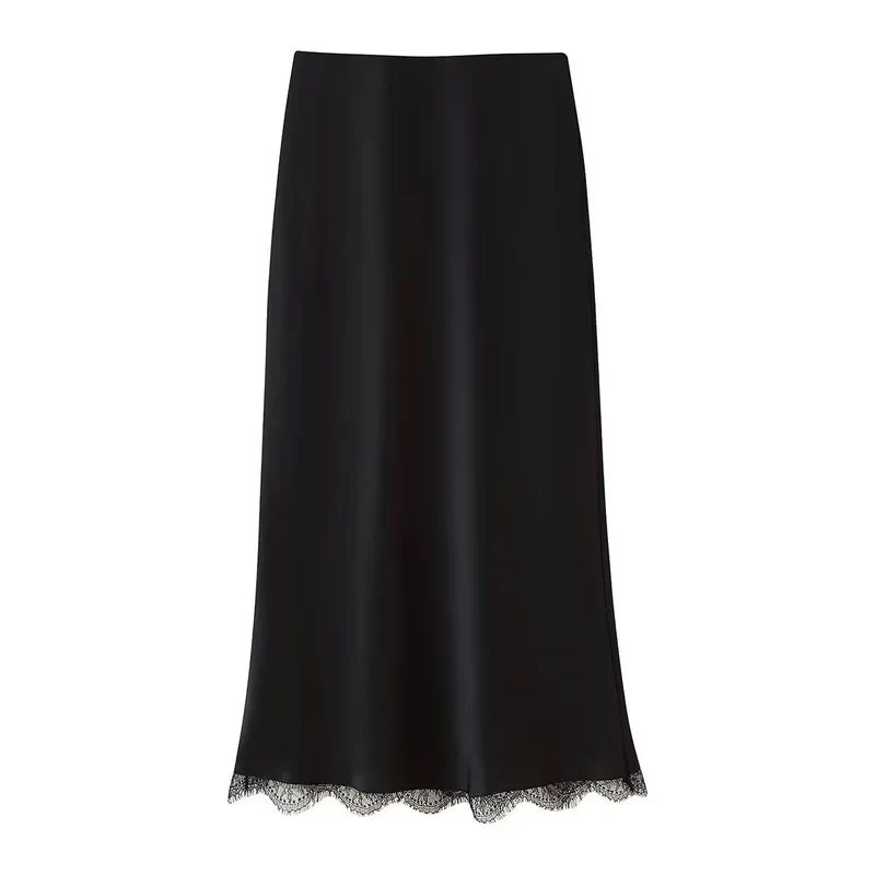 Ensemble haut et jupe midi en satin noir et dentelle