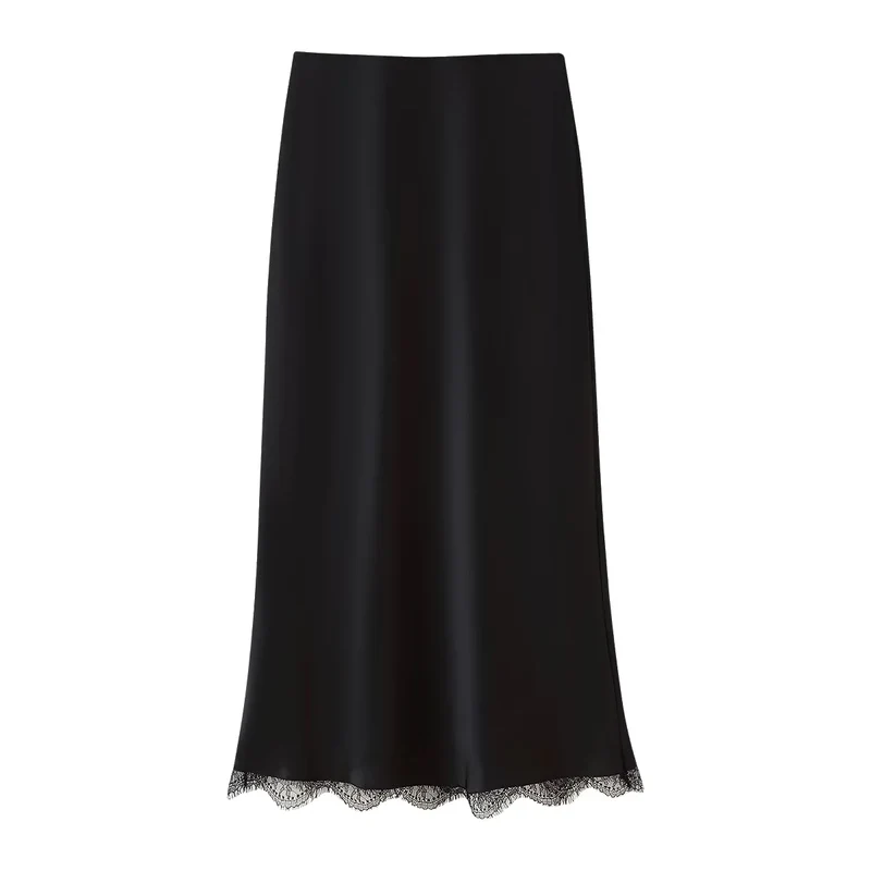 Ensemble haut et jupe midi en satin noir et dentelle
