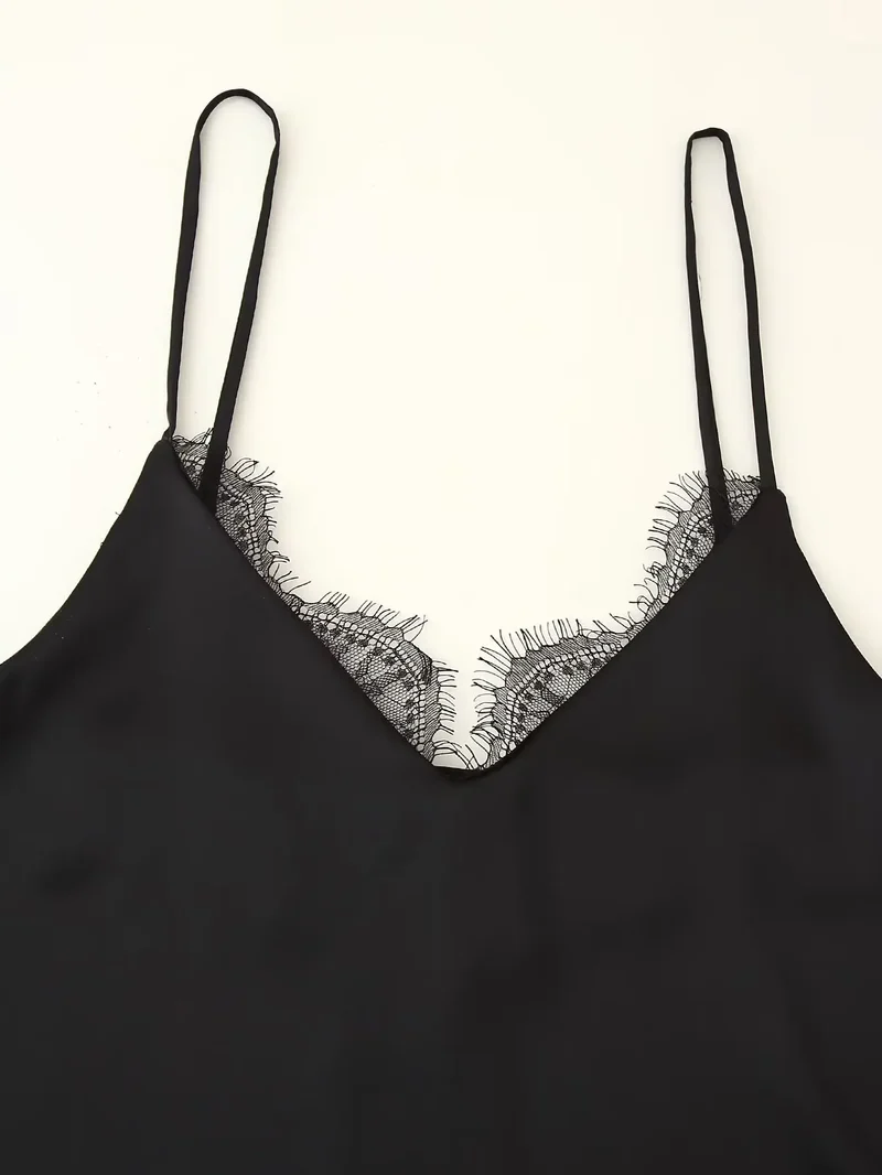 Ensemble haut et jupe midi en satin noir et dentelle