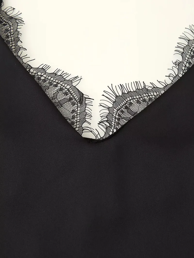 Ensemble haut et jupe midi en satin noir et dentelle
