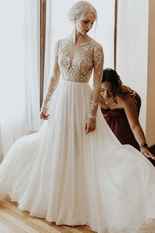 Robe de mariée vintage trapèze à manches longues et dos nu en mousseline de soie avec appliques en dentelle