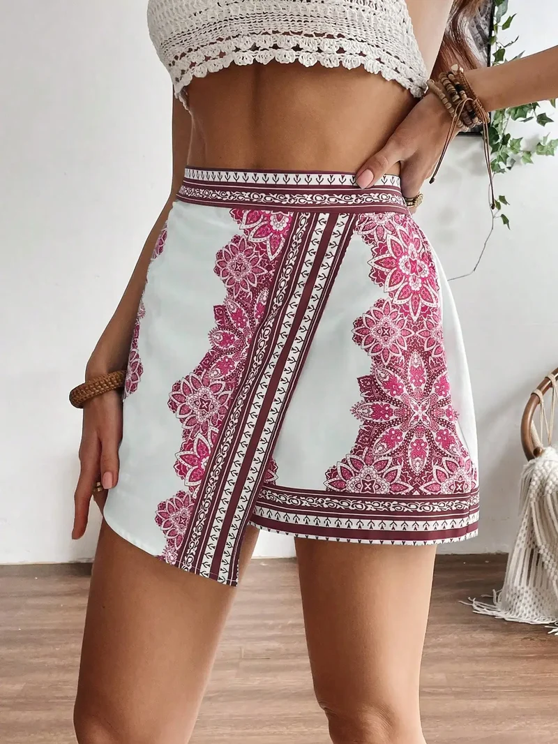 Jupe Short Portefeuille Bohème Chic Blanc et Rose