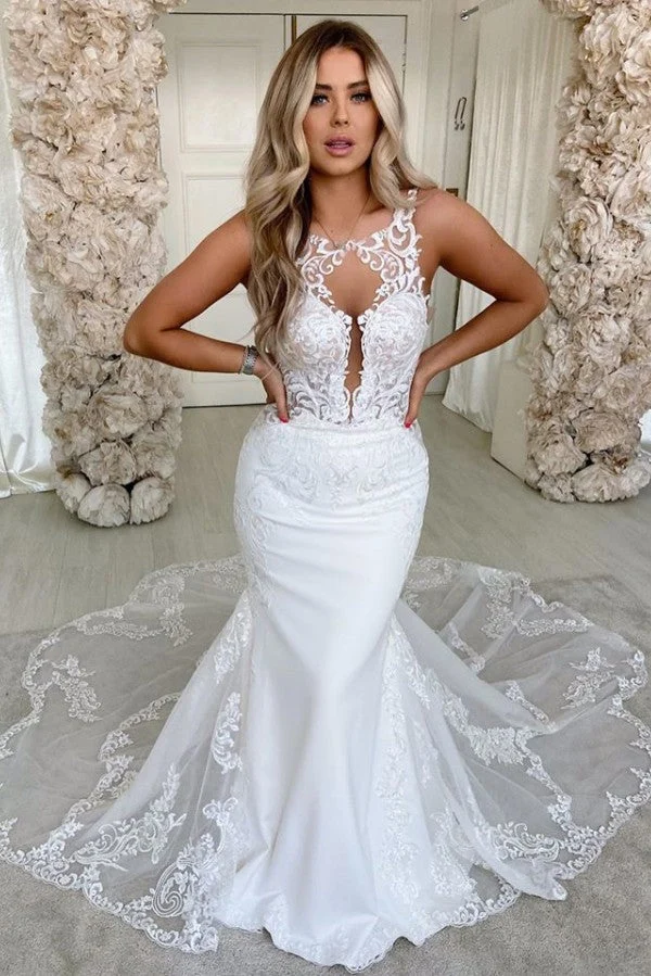 Robe de mariée sirène élégante en satin à bretelles spaghetti et dos nu avec de magnifiques appliques en dentelle