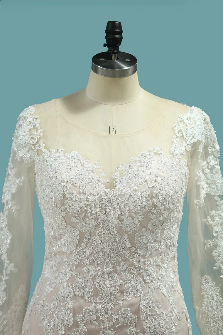 Robe de mariée sirène élégante à manches longues et col bateau, avec de magnifiques appliques en dentelle