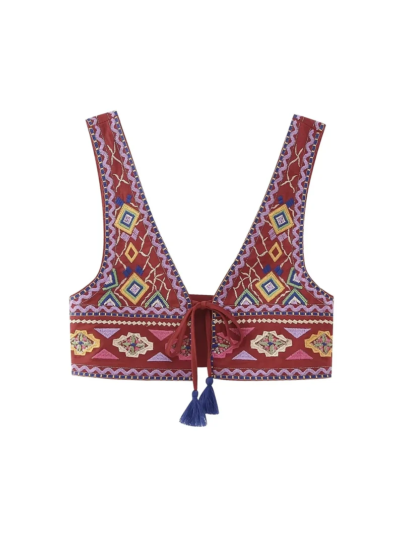 Top Bordeau Brodé Vintage pour Femme