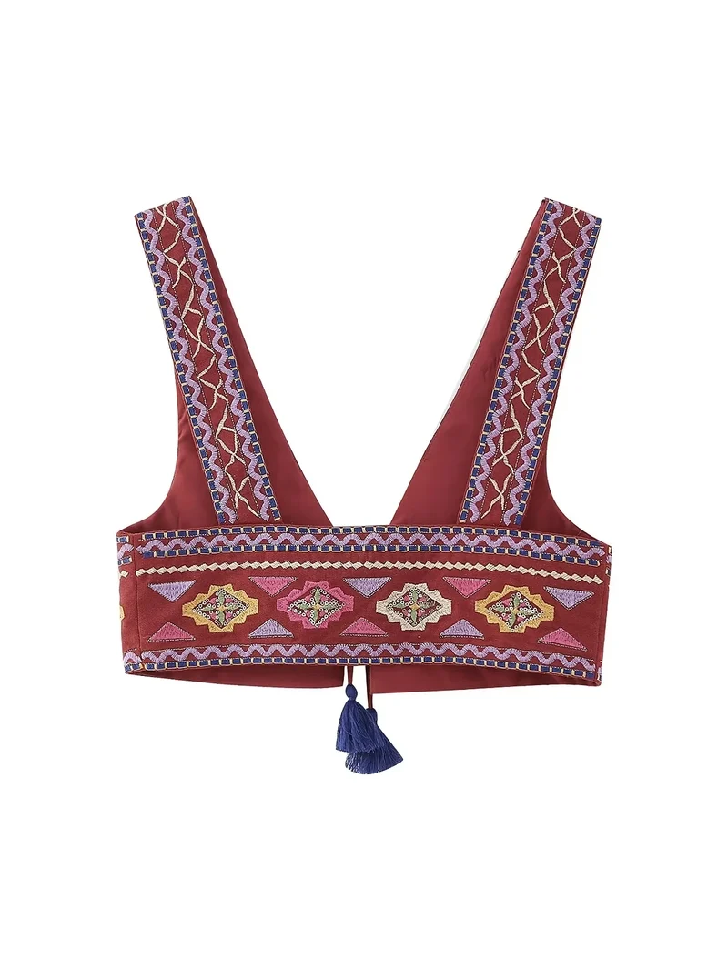 Top Bordeau Brodé Vintage pour Femme