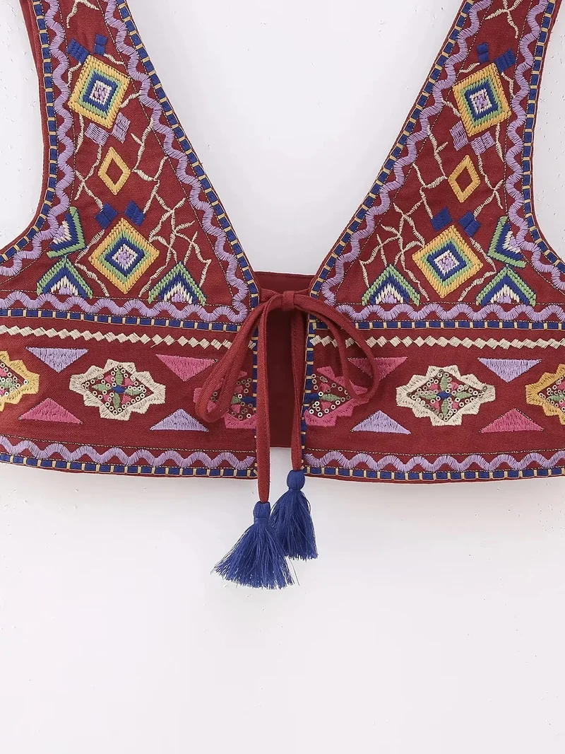 Top Bordeau Brodé Vintage pour Femme
