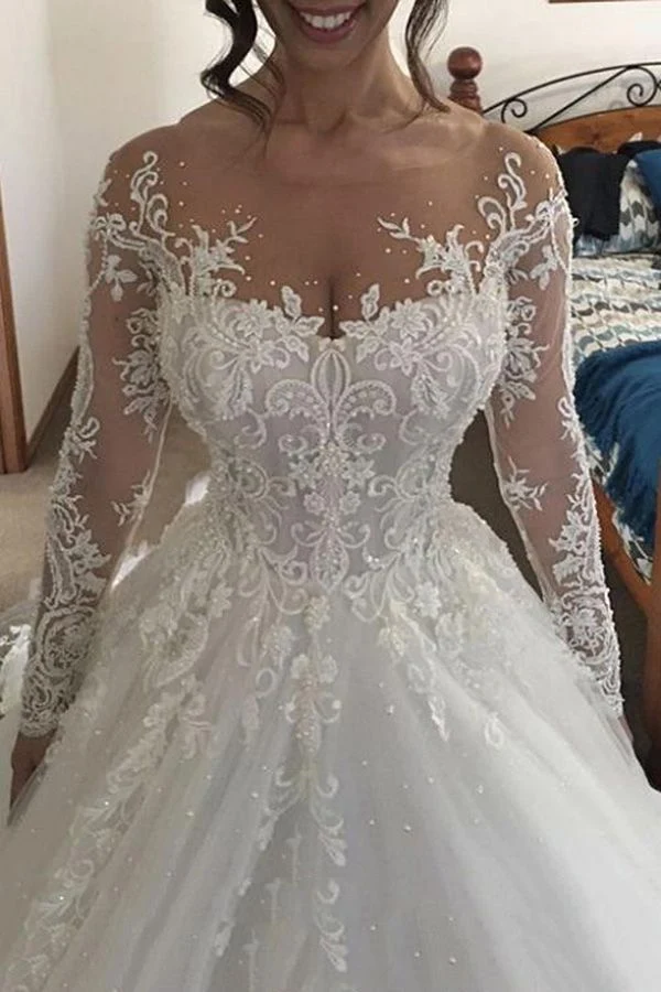 Robe de mariée blanche élégante à manches longues et appliques pour mariées