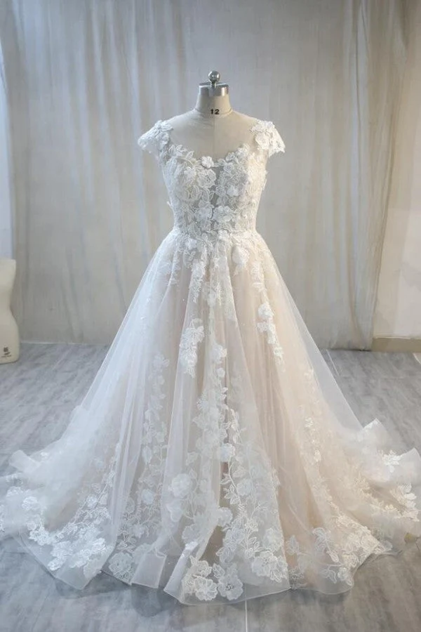 Robe de mariée élégante, coupe A-Line, dos nu, longueur au sol, avec appliques en tulle et dentelle