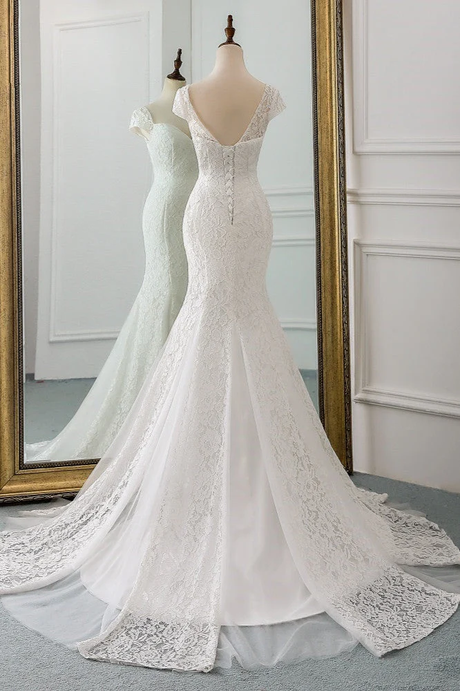 Robe de mariée sirène élégante en dentelle avec manches courtes et traîne