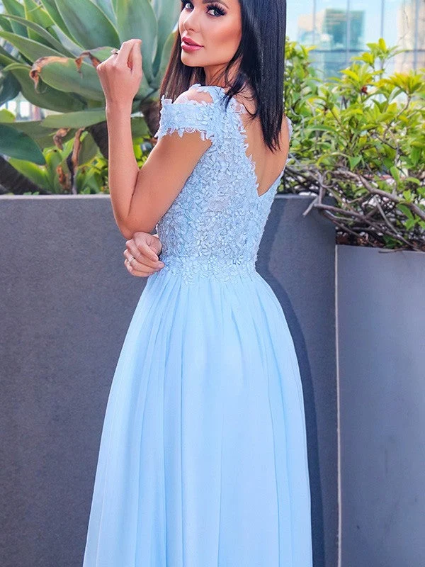 Robe de bal longue élégante bleu ciel à manches courtes et fente