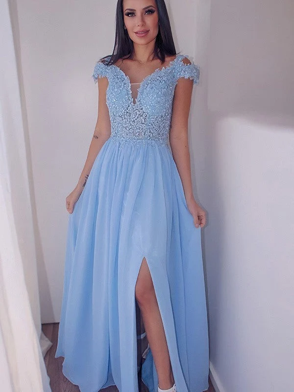 Robe de bal longue élégante bleu ciel à manches courtes et fente
