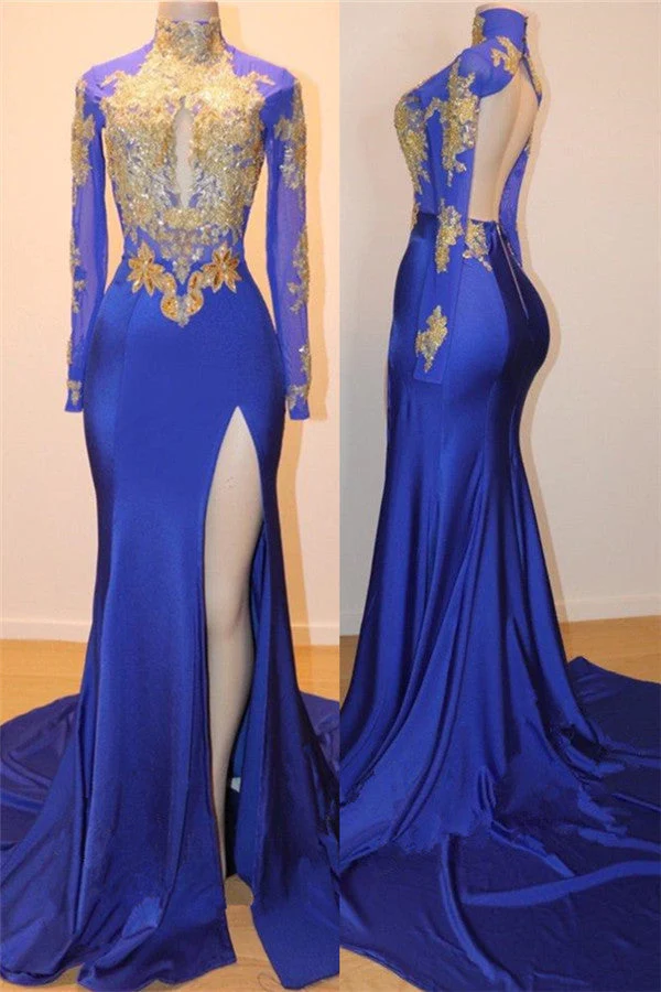 Robe de bal bleu roi à manches longues et fente haute