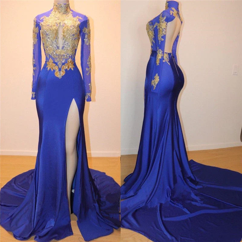 Robe de bal bleu roi à manches longues et fente haute