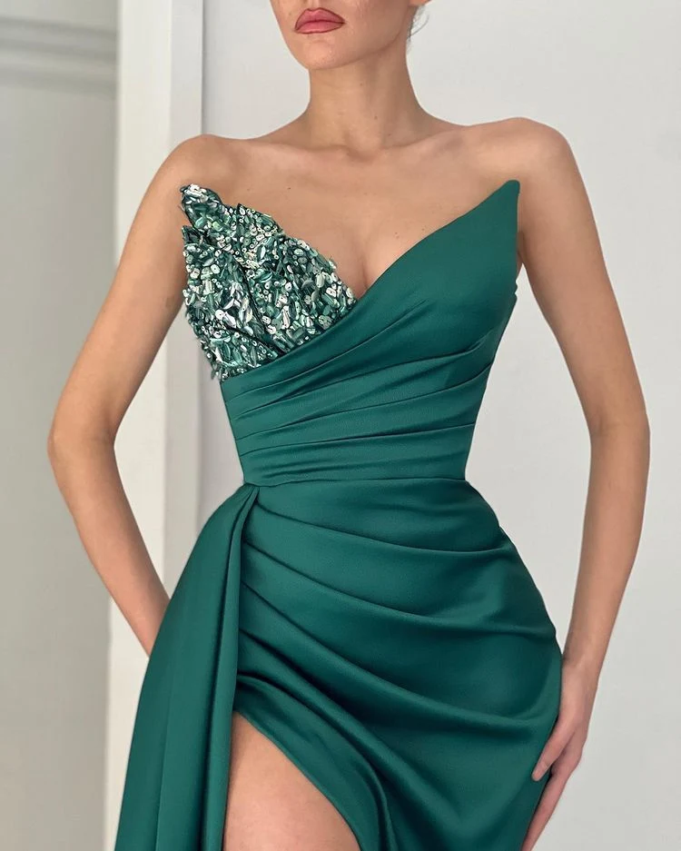 Robe de bal sirène élégante à col en V et fente haute couleur émeraude