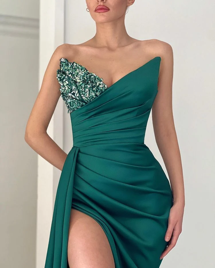 Robe de bal sirène élégante à col en V et fente haute couleur émeraude