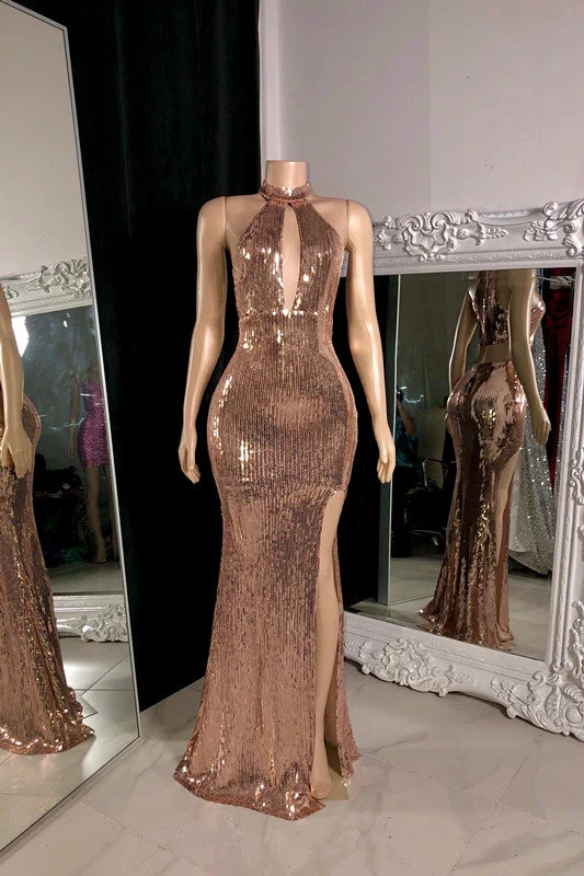 Robe de bal élégante à paillettes roses, col licou, longue fente