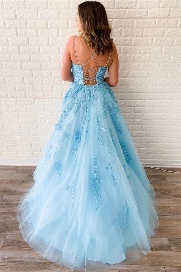 Robe de soirée bleu ciel à bretelles spaghetti et appliqués - Robe de soirée élégante