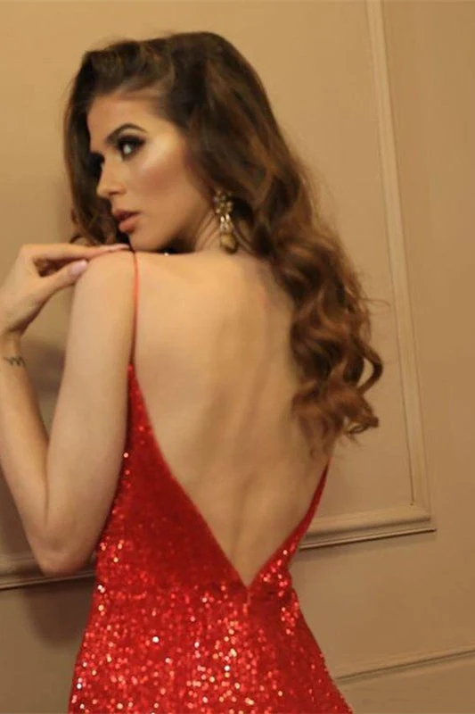 Robe de soirée sirène à bretelles spaghetti et col en V sans manches