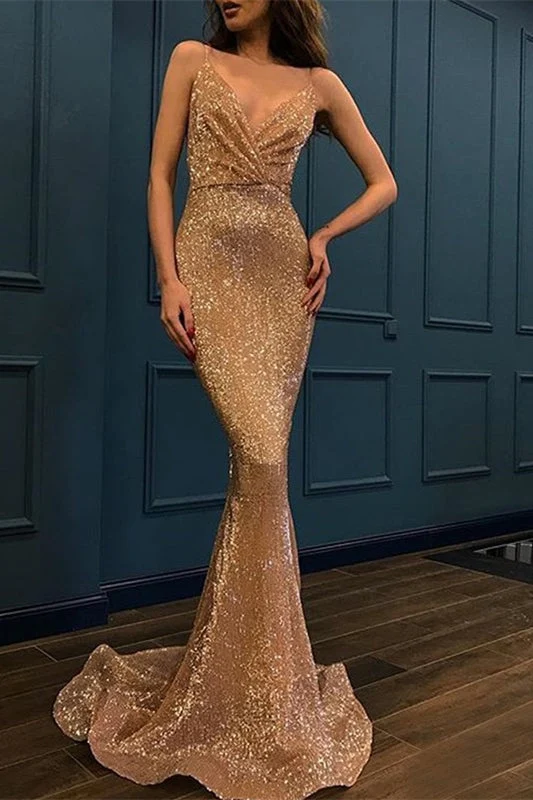 Robe de soirée sirène à bretelles spaghetti et col en V sans manches