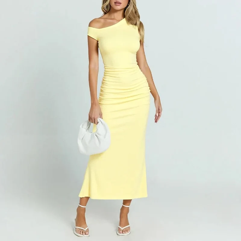 Robe de soirée jaune midi moulante