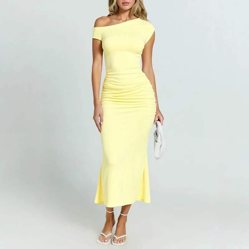 Robe de soirée jaune midi moulante