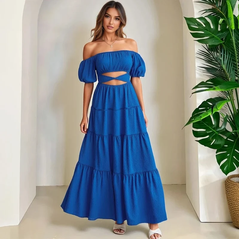 Robe bohème bleue épaules dénudées
