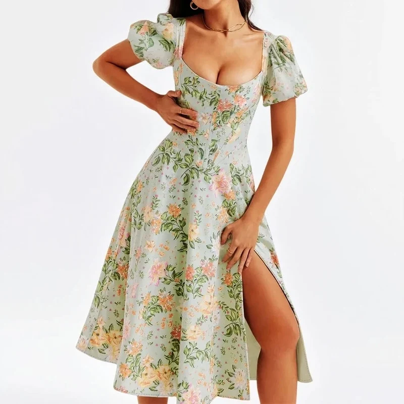 Robe corset fleurie fendue manches courtes