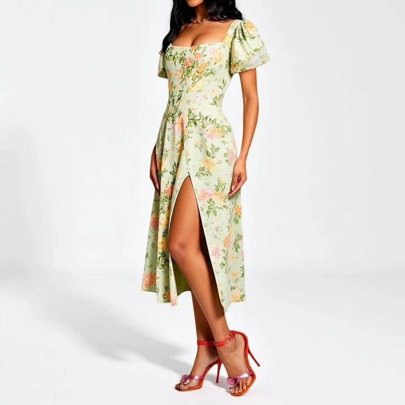 Robe corset fleurie fendue manches courtes