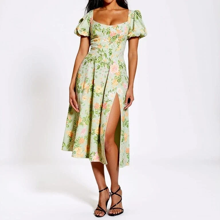 Robe corset fleurie fendue manches courtes